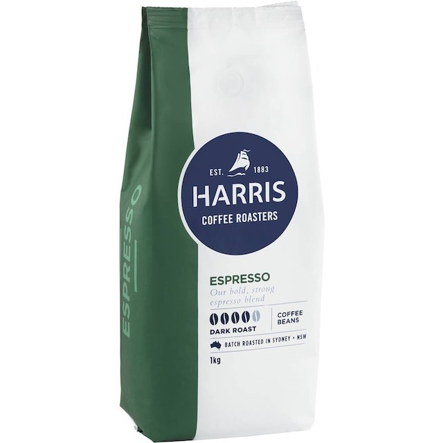 harris coffee package has a green stripe on the left and a centered navy blue circle with logotype set inside.